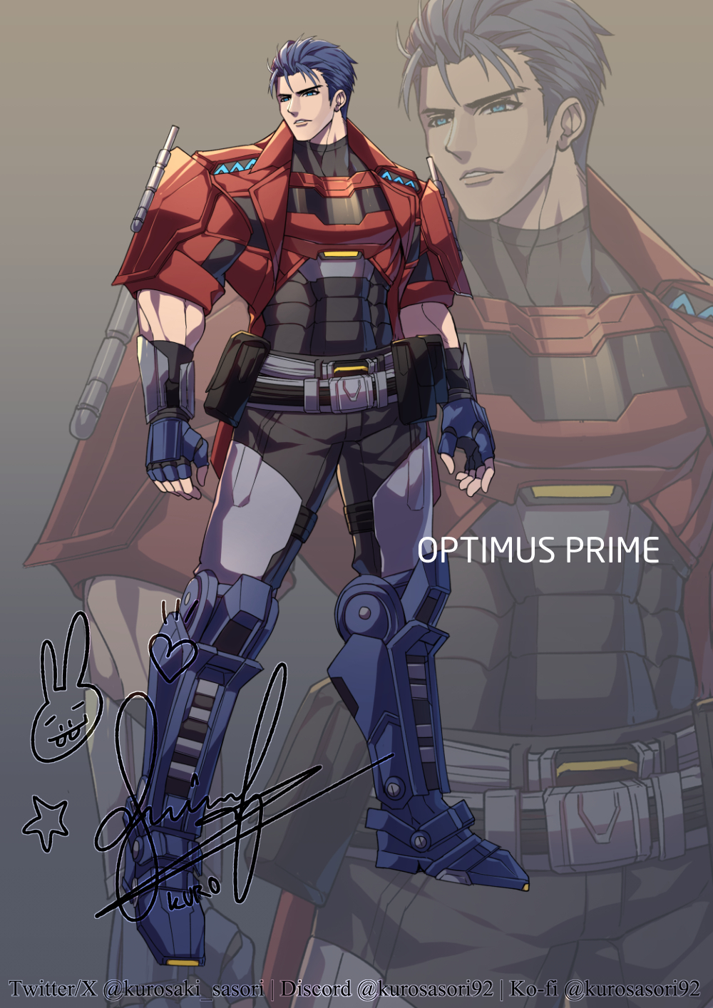 1boy blue_eyes blue_footwear blue_gloves blue_hair fingerless_gloves gloves highres humanization jacket kurosaki_sasori open_clothes open_jacket optimus_prime optimus_prime_(transformers_one) personification red_jacket short_sleeves signature transformers transformers_one