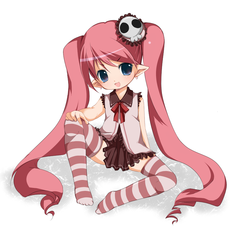 1girl earrings feet female_focus jewelry kosumo pointy_ears socks solo striped_clothes striped_socks striped_thighhighs thighhighs twintails