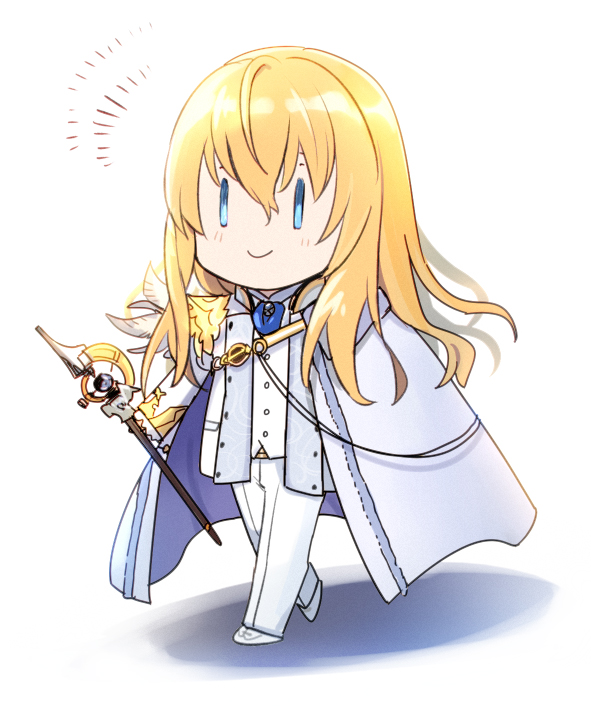 1boy aki_(neyuki41028) ascot blonde_hair blue_ascot blue_brooch blue_eyes cape chibi closed_mouth fate/grand_order fate_(series) feathers formal_clothes frilled_sleeves frills full_body gold_trim hair_between_eyes happy_aura holding holding_staff jacket kirschtaria_wodime light_blush long_hair long_sleeves looking_ahead male_focus open_clothes open_jacket pants shoes side_cape simple_background smile solo staff suit vest walking white_background white_cape white_feathers white_jacket white_pants white_shoes white_suit white_vest