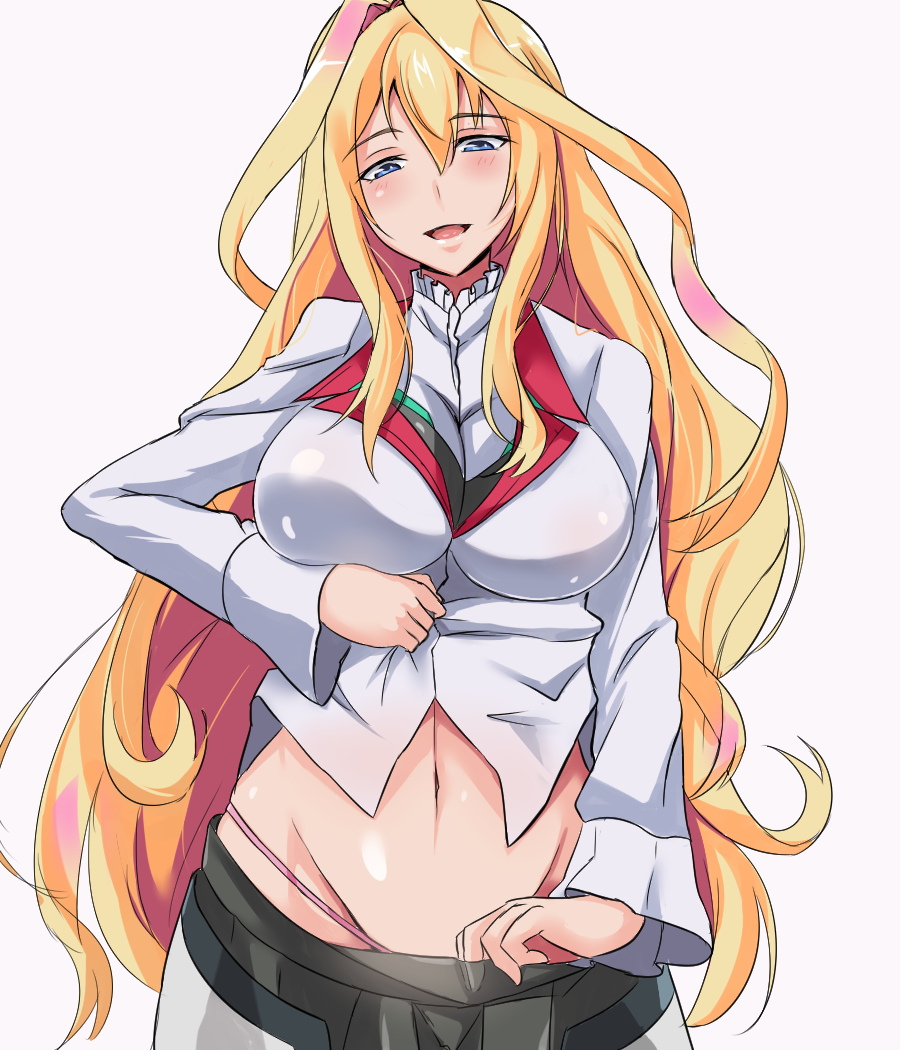 10s 1girl :d blonde_hair blue_eyes blush breasts claudia_enfield clothes_lift female_focus gakusen_toshi_asterisk groin hair_between_eyes large_breasts long_hair looking_at_viewer midriff naughty_face navel open_mouth panties pink_panties school_uniform shirt_lift smile solo string_panties takara_joney thong underwear white_background