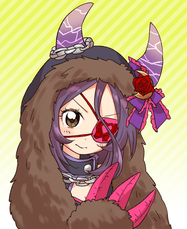 10s 1girl 3: bad_id bad_pixiv_id brown_eyes chain claws collar crescent eyepatch female_focus flower fur_trim hanatsuka hayasaka_mirei hood horns idolmaster idolmaster_cinderella_girls long_hair purple_hair ribbon solo striped_background