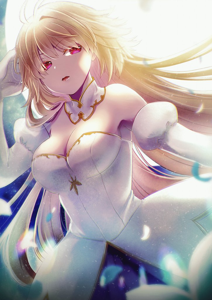 1girl archetype_earth arcueid_brunestud blonde_hair breasts collar detached_collar detached_sleeves dress falling_petals fate/grand_order fate_(series) gold_trim large_breasts long_hair open_mouth petals red_eyes shimotsukishin solo strapless strapless_dress tsukihime white_collar white_dress white_sleeves