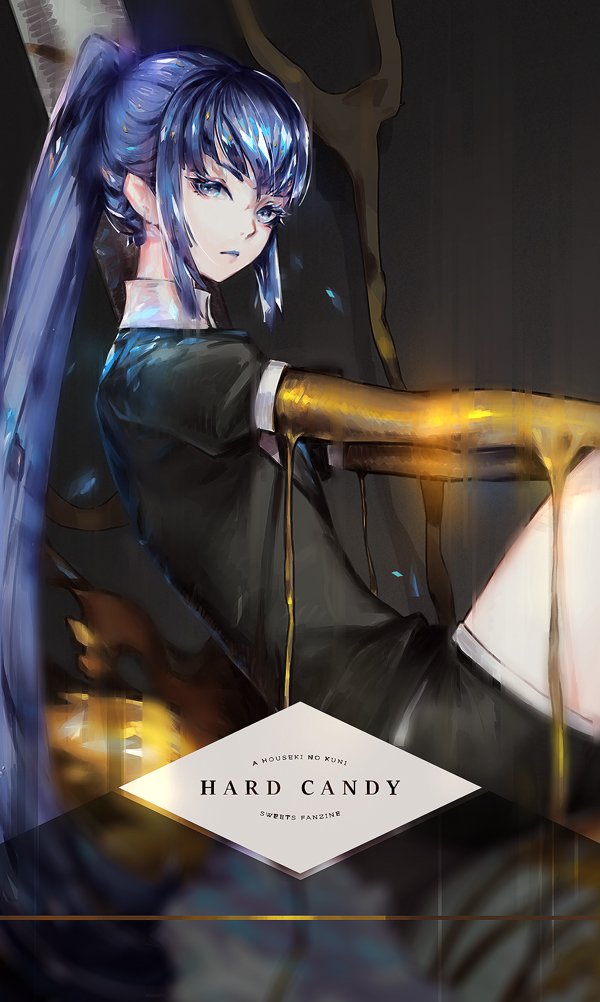 1other black_vest blue_eyes blue_hair collared_shirt commentary_request from_side houseki_no_kuni long_hair looking_at_viewer looking_to_the_side phosphophyllite phosphophyllite_(ll) ponytail shirt short_sleeves sitting softmode solo spoilers very_long_hair vest wing_collar