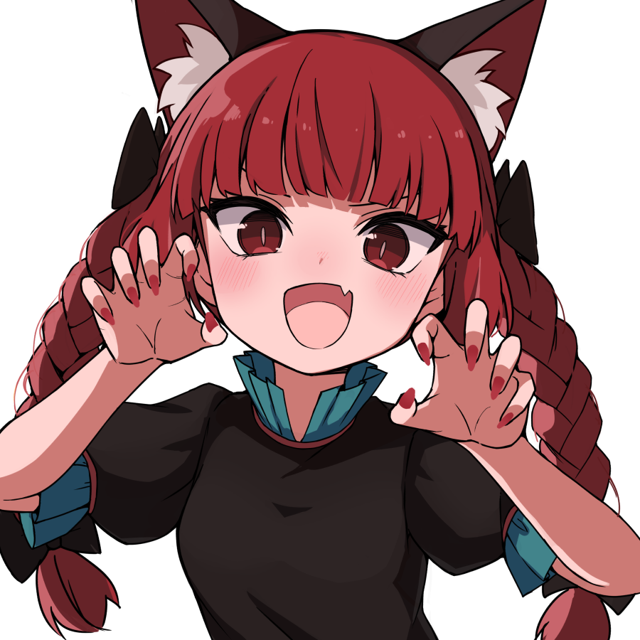 1girl :d aki_inu animal_ear_fluff animal_ears black_bow black_dress blush bow braid cat_ears claw_pose dress extra_ears fang hair_bow kaenbyou_rin long_hair looking_at_viewer open_mouth red_eyes red_hair red_nails short_sleeves simple_background skin_fang slit_pupils smile solo touhou twin_braids upper_body white_background