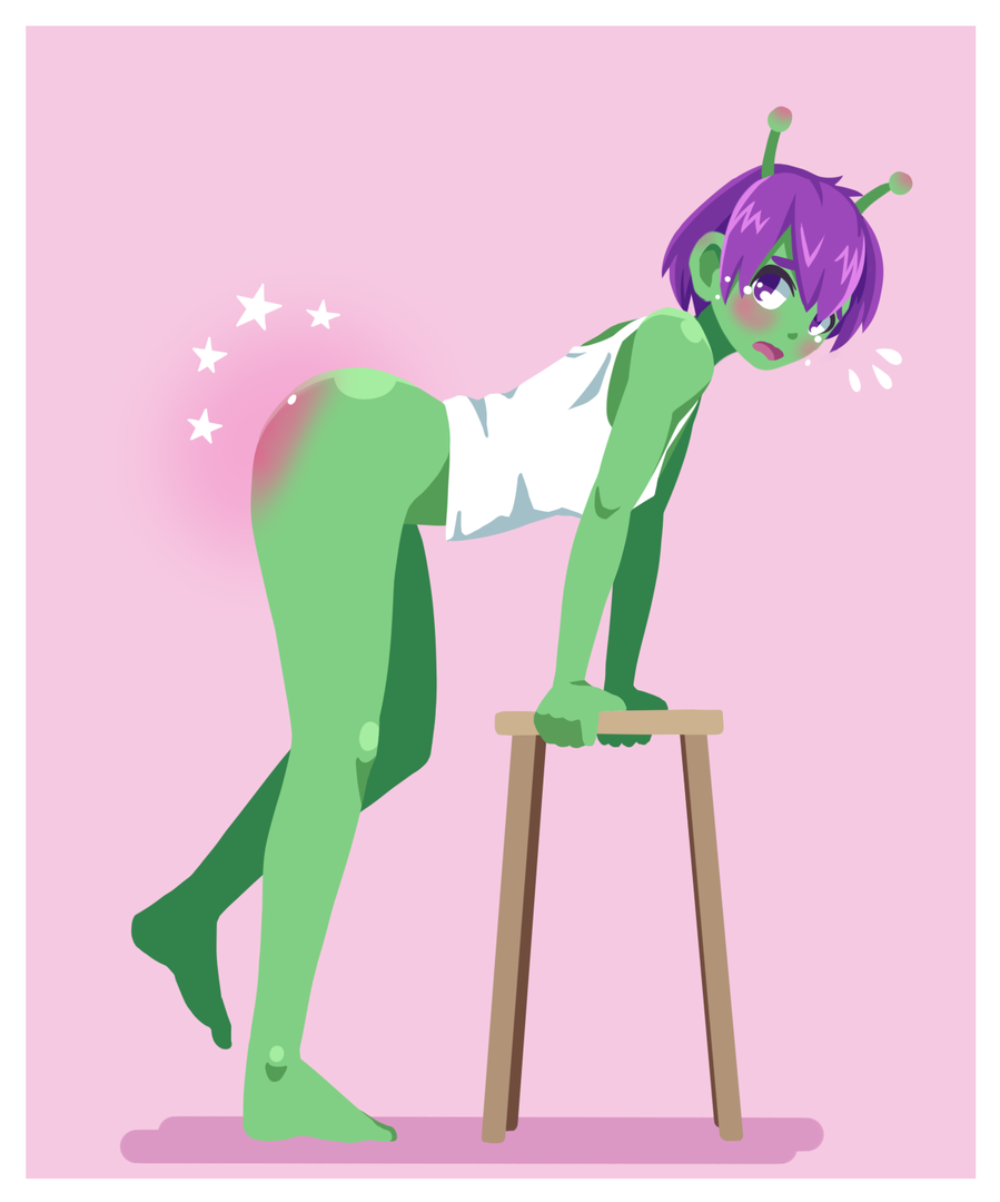 1girl alien ass bottomless feet no_lineart open_mouth original purple_eyes purple_hair short_hair simple_background solo spanked spanking stool zekel