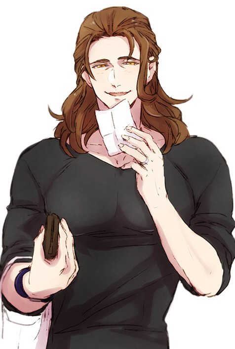 10s 1boy bag brown_eyes brown_hair granblue_fantasy half-closed_eyes holding long_hair looking_at_viewer male_focus paper siegfried_(granblue_fantasy) simple_background siwomi sleeves_pushed_up smile solo wallet white_background