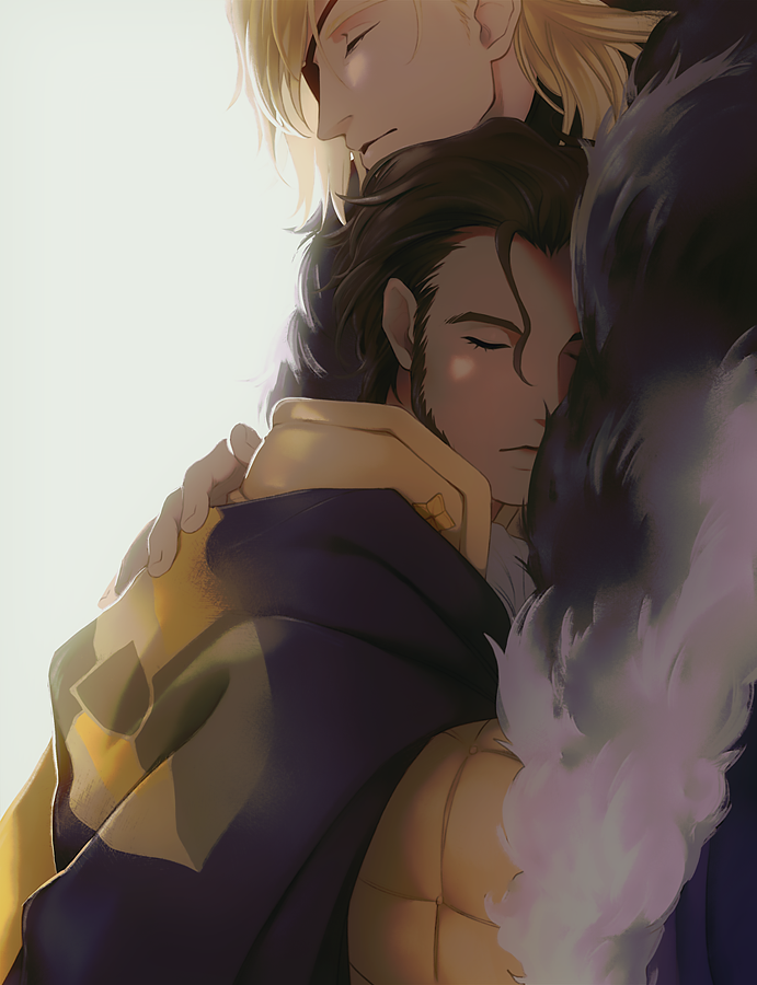 2boys black_cape black_fur blonde_hair brown_hair cape chin_rest claude_von_riegan closed_eyes closed_mouth collared_jacket commentary couple dark-skinned_male dark_skin dimitri_alexandre_blaiddyd english_commentary eyepatch facial_hair fire_emblem fire_emblem:_three_houses fur_trim hair_between_eyes hair_slicked_back hand_on_another&#039;s_shoulder head_on_head head_rest hug interracial jacket long_sleeves male_focus multiple_boys nintendo one_eye_covered quilted_clothes ruebird sideburns simple_background upper_body white_background white_fur yaoi