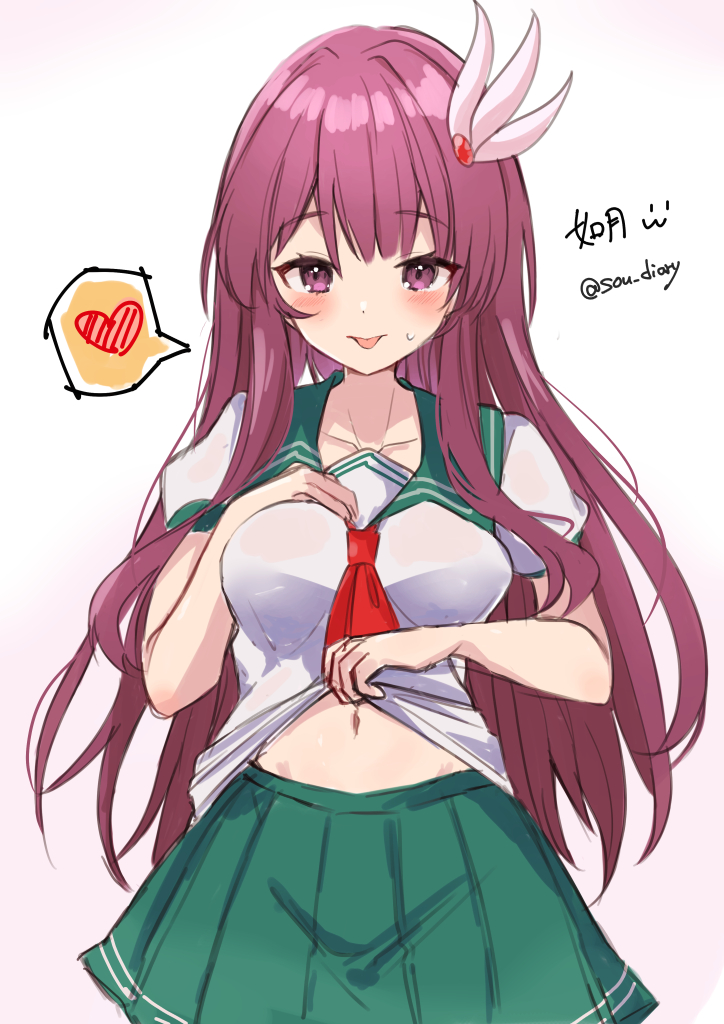 1girl blush breasts closed_mouth clothes_lift collarbone commentary_request gradient_background green_sailor_collar green_skirt hand_up heart kantai_collection kisaragi_(kancolle) lifting_own_clothes looking_at_viewer medium_breasts navel pink_background pleated_skirt purple_eyes purple_hair sailor_collar shirt shirt_lift skirt small_sweatdrop solo sou_(soutennkouchi) spoken_heart sweat tongue tongue_out twitter_username white_background white_shirt