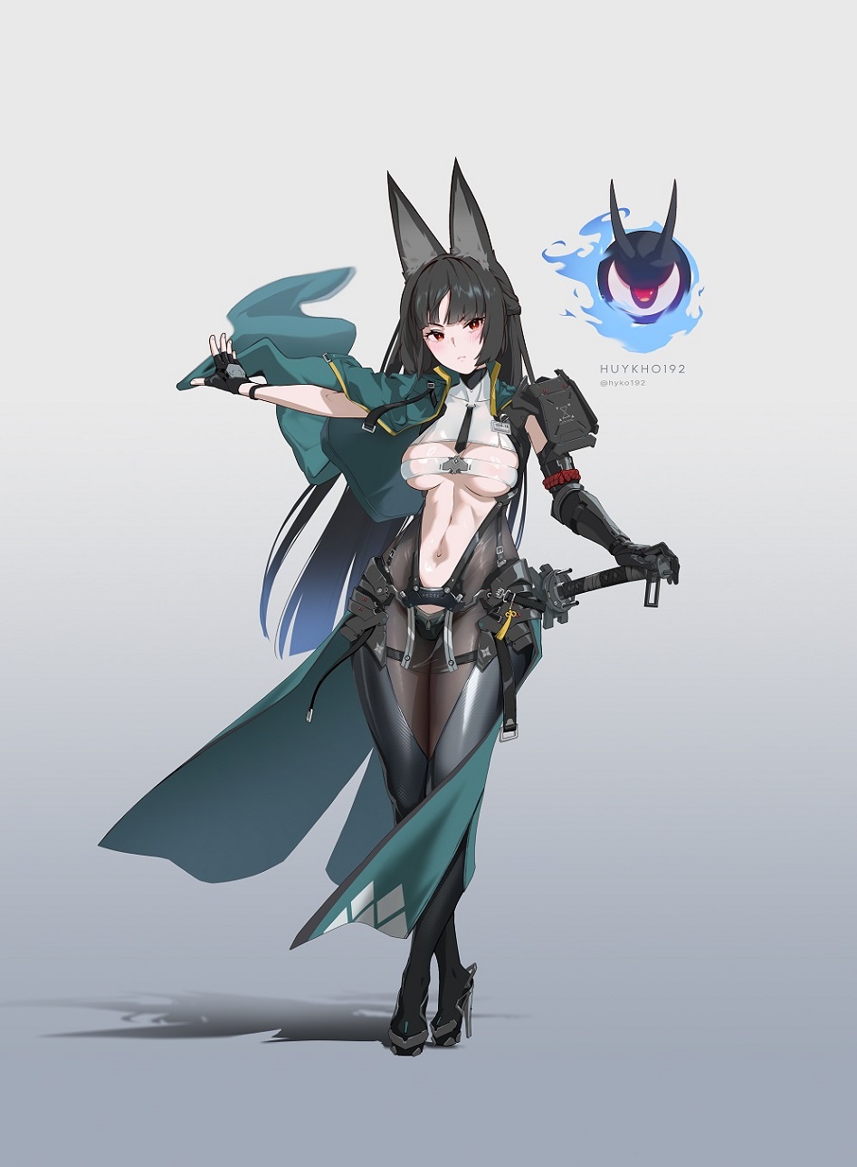 1girl animal_ear_fluff animal_ears armor black_gloves black_hair black_necktie blunt_bangs bodysuit breasts breasts_apart center_opening closed_mouth fingerless_gloves fox_ears fox_girl gauntlets gloves gradient_background green_jacket grey_background high_heels highres hip_armor hoshimi_miyabi huykho192 jacket large_breasts long_hair looking_at_viewer navel necktie red_eyes shoulder_armor sidelocks single_fingerless_glove single_gauntlet sword tailless_(zenless_zone_zero) weapon zenless_zone_zero