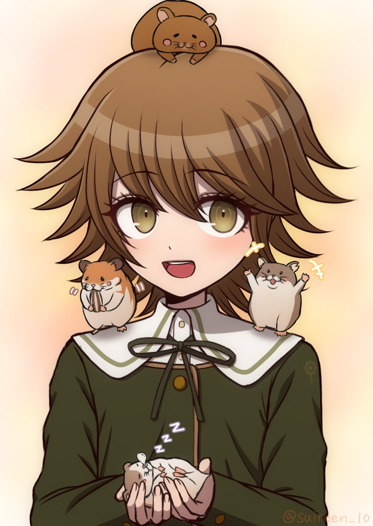 1boy :d animal artist_name brown_background brown_hair brown_ribbon cham-p danganronpa:_trigger_happy_havoc danganronpa_(series) danganronpa_2:_goodbye_despair eating fujisaki_chihiro gradient_background green_jacket hamster_on_head hamster_on_shoulder holding holding_animal jacket jum-p maga-g neck_ribbon open_mouth ribbon shirt short_hair sleeping smile suiren_yurei sun-d white_shirt zzz