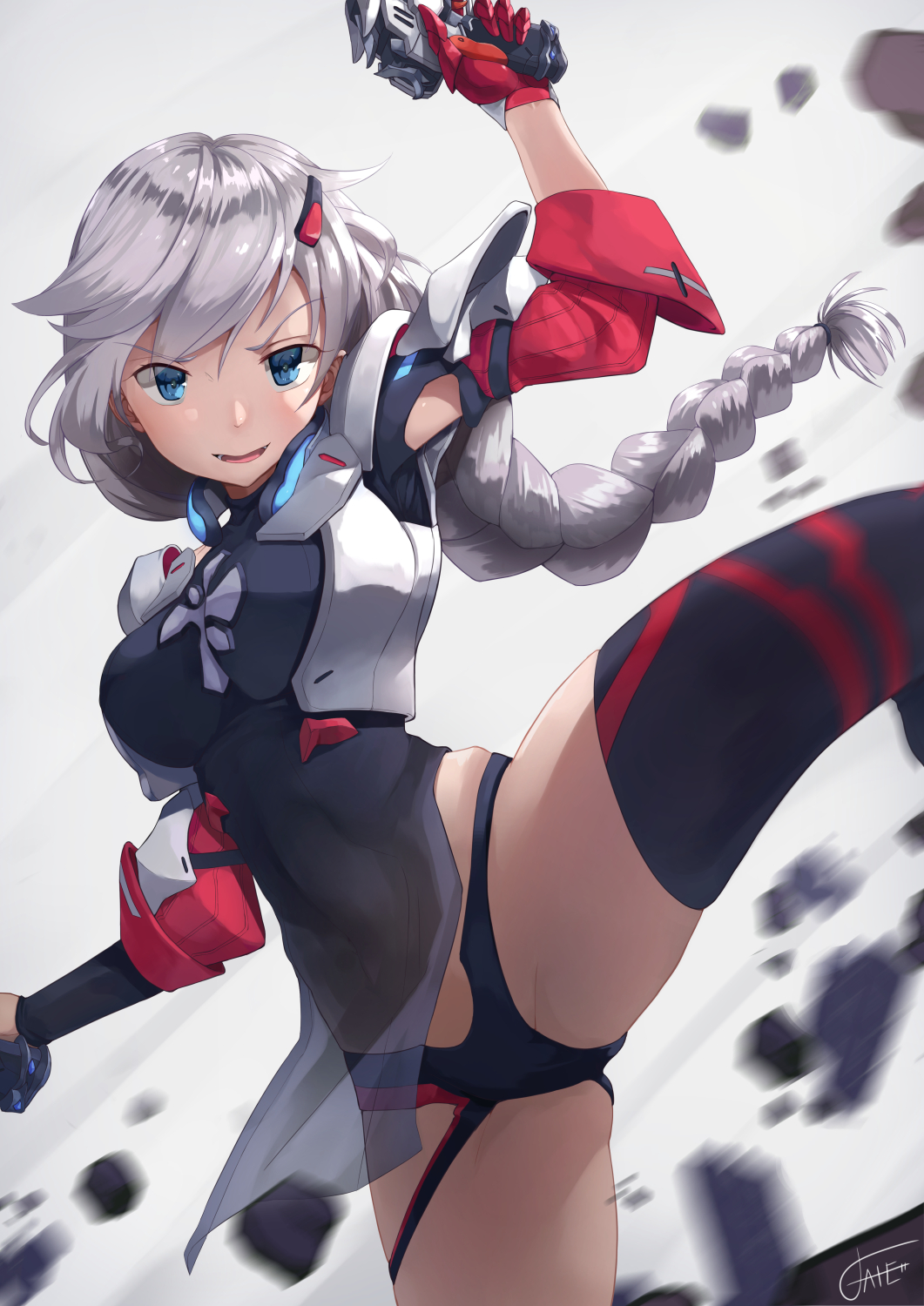 1girl action arm_cutout arm_up armor blue_eyes blush braid braided_ponytail breasts covered_navel detached_sleeves dress dual_wielding floating_hair gloves groin gun hair_between_eyes hair_ornament hands_up highres holding holding_gun holding_weapon honkai_(series) honkai_impact_3rd kallen_kaslana kallen_kaslana_(ritual_imayoh) kicking large_breasts long_hair looking_at_viewer motion_blur neck_guard open_mouth pelvic_curtain rubble see-through_clothes short_dress signature silver_hair single_braid single_glove single_thighhigh smile solo standing standing_on_one_leg thighhighs thighs turtleneck turtleneck_dress weapon wind xfate