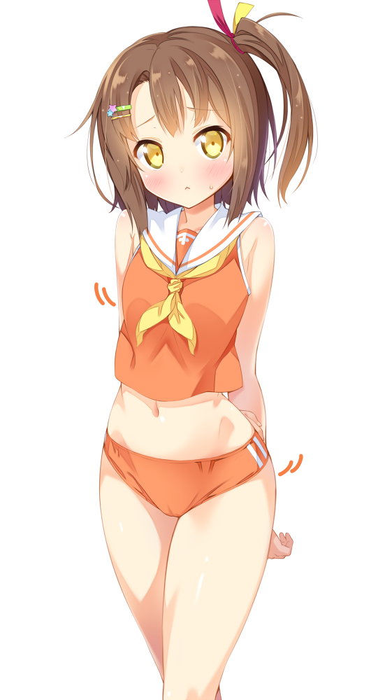 1girl :&lt; appli-chan arms_behind_back bare_shoulders blush brown_hair buruma cameltoe cowboy_shot female_focus hair_ornament hairclip kazuma_(kazumav) looking_at_viewer midriff navel orange_shirt orange_shorts sailor_collar school_uniform serafuku shirt short_hair shorts side_ponytail simple_background sleeveless sleeveless_shirt solo sweatdrop visual_arts_market white_background yellow_eyes