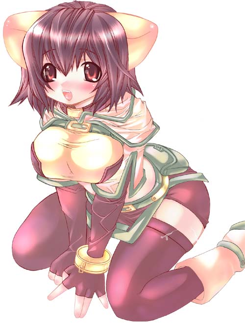 1girl :d animal_ears artist_request belt belt_pouch blush bob_cut boots bracelet breasts breasts_squeezed_together capelet elbow_gloves female_focus fingerless_gloves gloves hunter hunter_(ragnarok_online) jewelry kneeling large_breasts leaning_forward open_mouth pouch purple_hair purple_thighhighs ragnarok_online red_eyes shirt short_hair simple_background skin_tight smile solo taut_clothes taut_shirt thighhighs