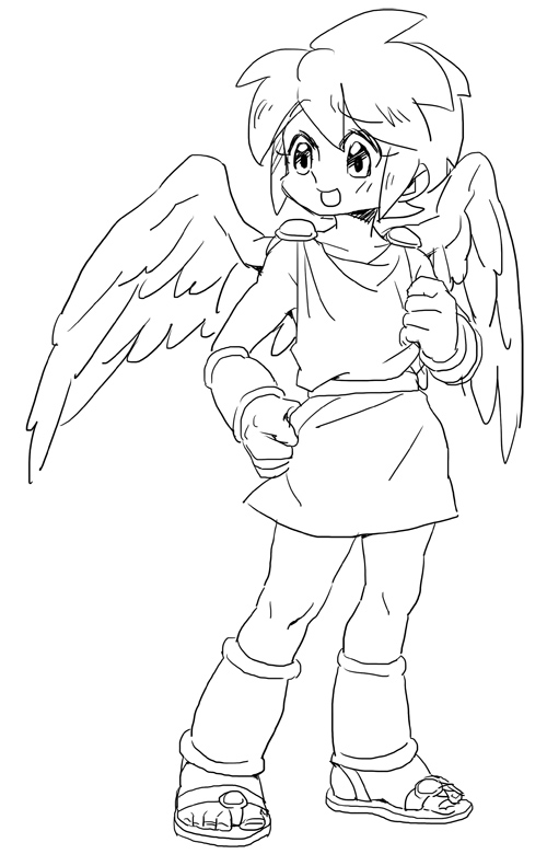 1boy :d ancient_greek_clothes angel angel_wings bracer chiton clenched_hand full_body greco-roman_clothes greyscale hand_on_own_hip kid_icarus kid_icarus_(nes) lineart male_focus monochrome nintendo open_mouth pit_(kid_icarus) sandals smile spiked_hair suno_(imydream) wings