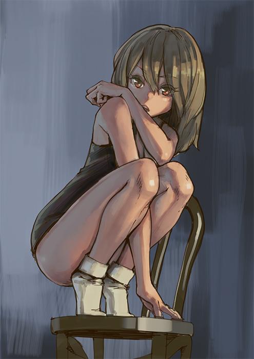 1girl ankle_socks arm_support arm_up aro_(charged_time_out) blue_background blue_one-piece_swimsuit chair female_focus long_hair one-piece_swimsuit sitting socks solo squatting swimsuit white_footwear yellow_eyes