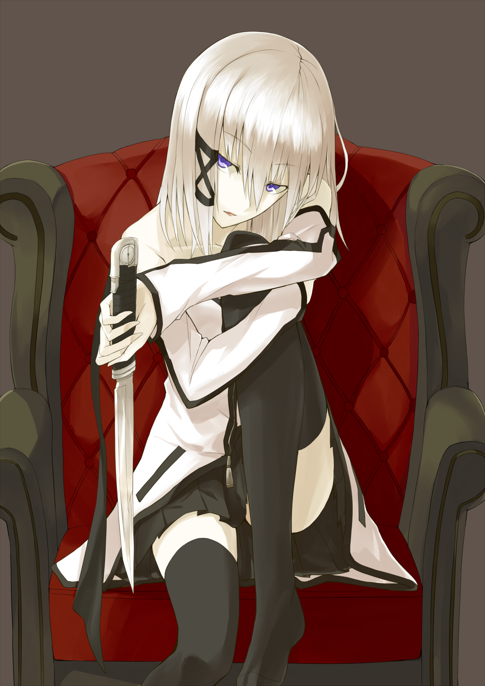 1girl armchair black_thighhighs blue_eyes chair female_focus hair_ribbon highres hugging_own_legs kauto knife long_hair no_shoes original pale_skin pleated_skirt purple_eyes ribbon sitting skirt solo thighhighs weapon white_hair zinnia_silane