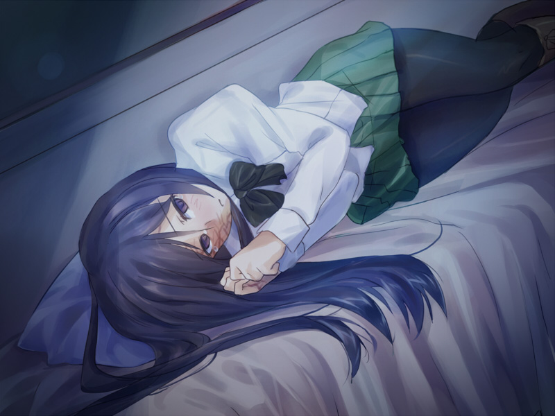 1girl artist_request black_bow black_bowtie black_hair black_pantyhose bow bowtie brown_footwear burn_scar closed_mouth crying crying_with_eyes_open game_cg green_skirt ikezawa_hanako katawa_shoujo long_hair lying non-web_source official_art on_bed on_side pantyhose pillow purple_eyes scar scar_on_face scar_on_hand school_uniform shirt skirt solo tears white_shirt yamaku_high_school_uniform