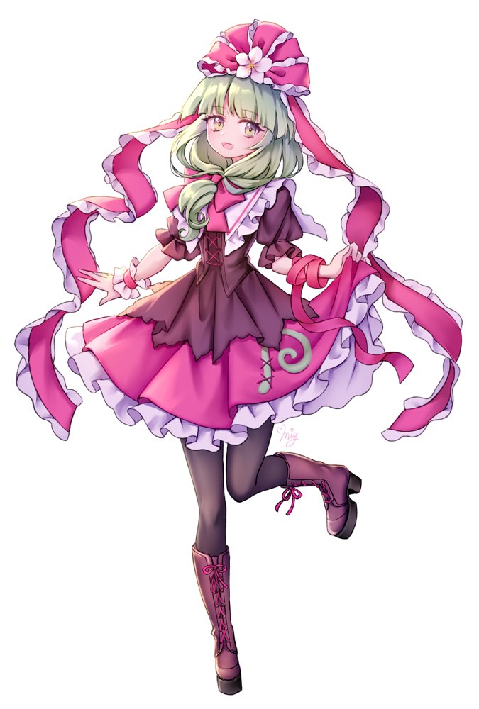 1girl arm_ribbon boots bow brown_footwear cross-laced_footwear dress frilled_dress frilled_ribbon frilled_sleeves frills full_body green_eyes green_hair hair_bow hair_ribbon kagiyama_hina lifting_own_clothes looking_at_viewer miy_001 puffy_short_sleeves puffy_sleeves red_bow red_ribbon ribbon short_sleeves simple_background smile solo standing standing_on_one_leg touhou white_background