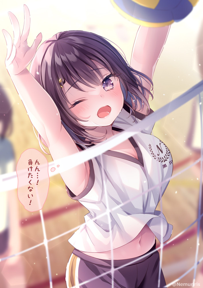 1girl ball black_hair black_shorts blurry blurry_background blush breasts cleavage clothes_lift logo navel nemuri_nemu one_eye_closed open_mouth original purple_eyes shirt_lift short_hair shorts speech_bubble sportswear thought_bubble translated twitter_username volleyball volleyball_(object) volleyball_uniform