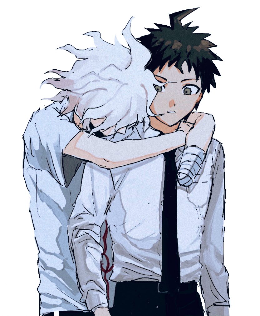 2boys a12740807 ahoge amputee arms_around_neck bandaged_arm bandages belt belt_buckle black_belt black_necktie black_pants breast_pocket brown_eyes brown_hair buckle collared_shirt commentary_request cowboy_shot danganronpa_(series) danganronpa_2:_goodbye_despair hinata_hajime komaeda_nagito long_sleeves looking_at_another male_focus messy_hair multiple_boys necktie pants parted_lips pocket shirt short_hair short_sleeves simple_background white_background white_hair white_shirt wing_collar yaoi