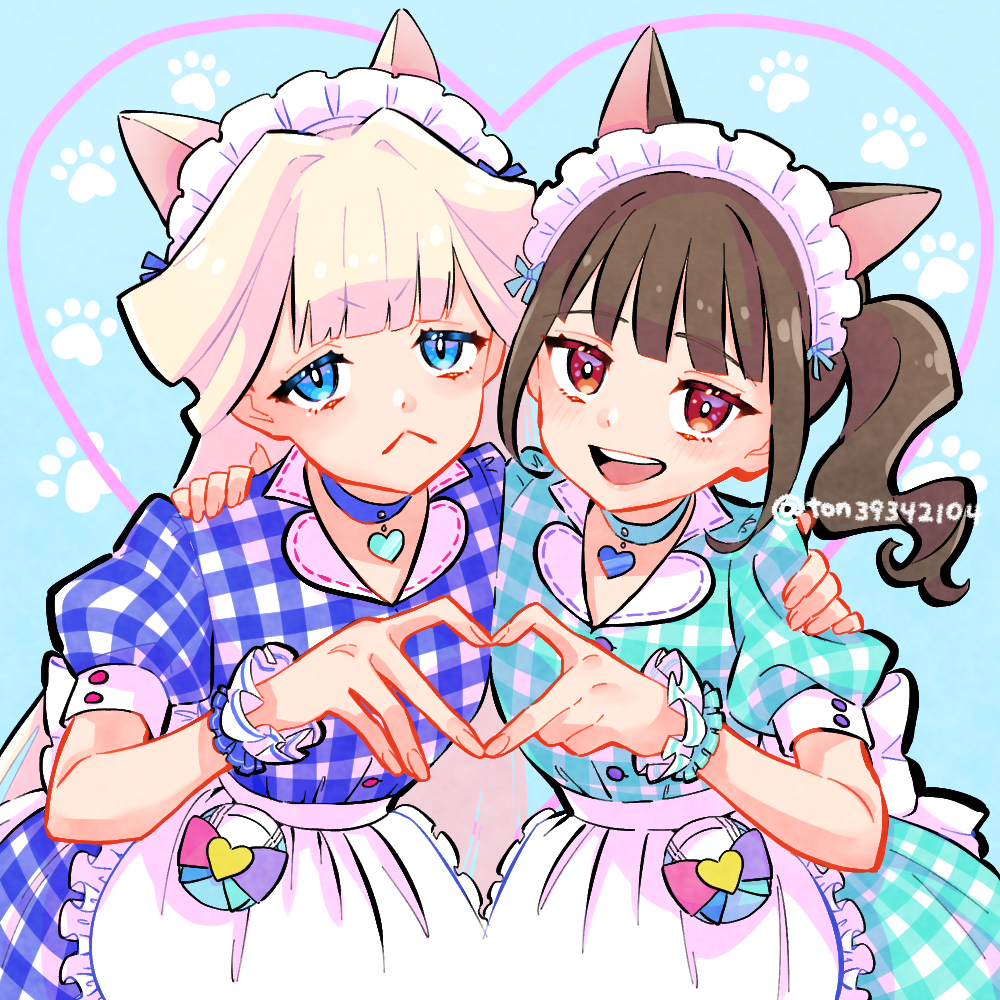 2girls apron aqua_choker aqua_dress blonde_hair blue_choker blue_dress blue_eyes blush brown_hair cat choker closed_mouth commentary dress half_updo heart heart_hands long_hair maid maid_headdress medium_hair multiple_girls nekoyashiki_mayu nekoyashiki_yuki open_mouth precure red_eyes side_ponytail smile symbol-only_commentary ton_(ton39342104) twitter_username waist_apron white_apron wonderful_precure! wrist_cuffs