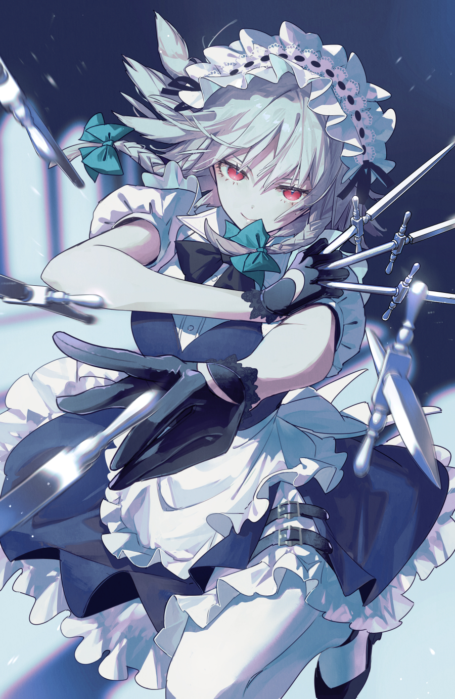 1girl apron black_bow black_bowtie black_footwear black_gloves black_ribbon blue_dress bow bowtie braid buttons closed_mouth commentary dagger dress dutch_angle frilled_apron frilled_dress frills gloves green_bow hair_bow highres holding holding_dagger holding_knife holding_weapon izayoi_sakuya knife lace lace-trimmed_gloves lace_trim leather leather_gloves leg_up maid maid_apron maid_headdress motion_blur pantyhose puffy_short_sleeves puffy_sleeves red_eyes ribbon shoes short_sleeves smile solo syuri22 touhou twin_braids weapon white_apron white_pantyhose