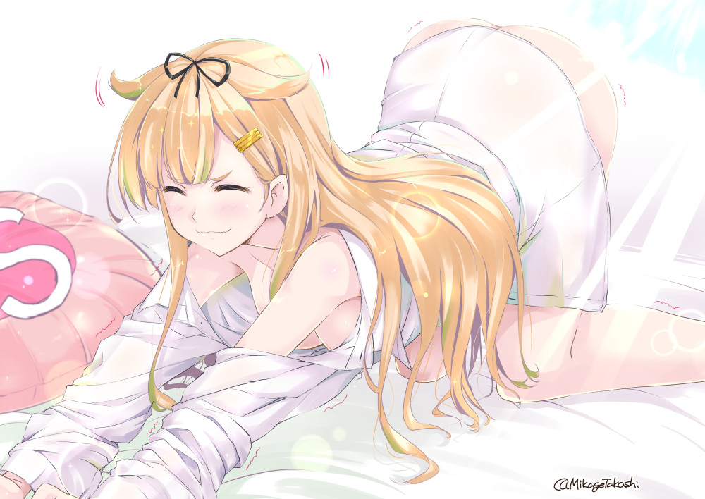 1girl :3 ass black_ribbon blanket blonde_hair breasts cat_stretch closed_eyes gradient_hair hair_flaps hair_ornament hair_ribbon hairclip kantai_collection long_hair medium_breasts messy_hair mikage_takashi morning multicolored_hair naked_shirt pillow ribbon shirt solo straight_hair stretching waking_up yuudachi_(kancolle) yuudachi_kai_ni_(kancolle)