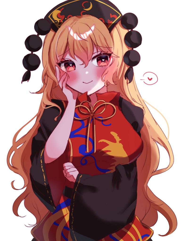 1girl black_dress blonde_hair blush chinese_clothes dress junko_(touhou) long_hair one-hour_drawing_challenge phoenix_crown phoenix_print red_eyes red_tabard siomi_403 solo tabard touhou upper_body white_background wide_sleeves