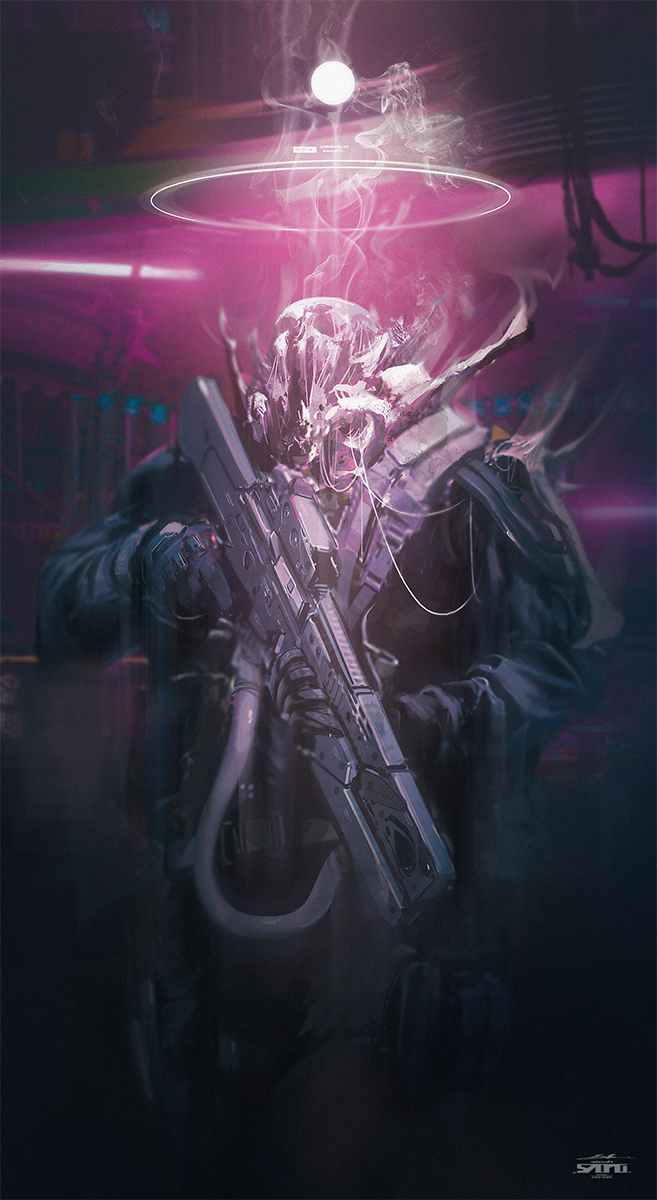 black_gloves esuthio gloves gun halo highres holding holding_gun holding_weapon jacket mecha neon_lights original robot science_fiction smoke weapon