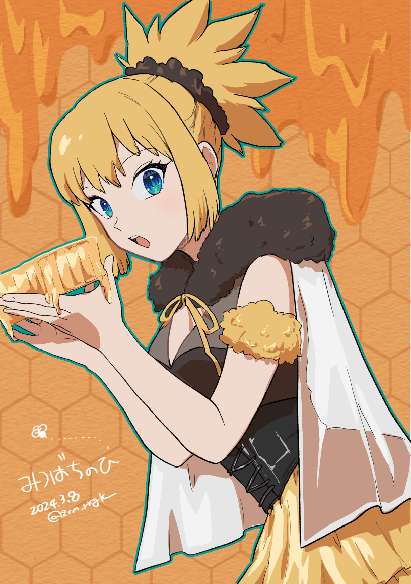 1girl 2024 alternate_costume arm_scrunchie black_scrunchie blonde_hair blue_eyes brown_background capelet dated dr._stone food hair_ornament hair_scrunchie holding holding_food honey honeycomb_(pattern) honeycomb_background kohaku_(dr._stone) layered_skirt looking_at_viewer looking_to_the_side medium_hair neck_ribbon open_mouth ribbon scrunchie skirt solo underbust white_capelet yellow_ribbon yellow_scrunchie yellow_skirt zarame_(tenpuki)