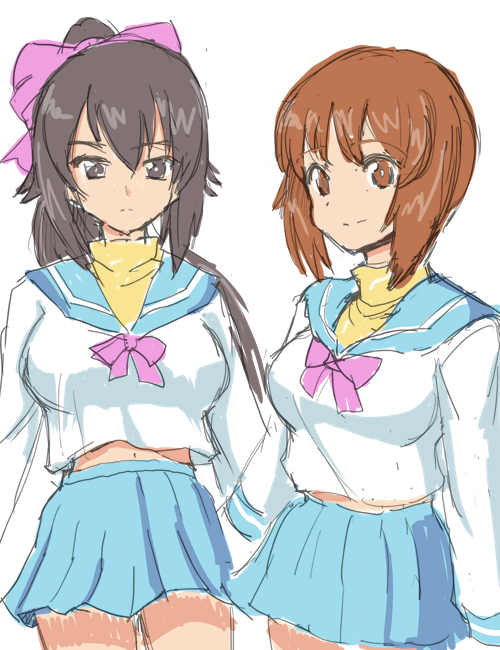 2girls blue_sailor_collar blue_skirt breasts brown_eyes brown_hair girls_und_panzer hair_between_eyes kin-san_(sasuraiga) long_hair long_sleeves looking_at_viewer miniskirt multiple_girls nishizumi_maho nishizumi_miho pink_ribbon ponytail ribbon sailor_collar school_uniform short_hair siblings sisters skirt sweater yellow_sweater