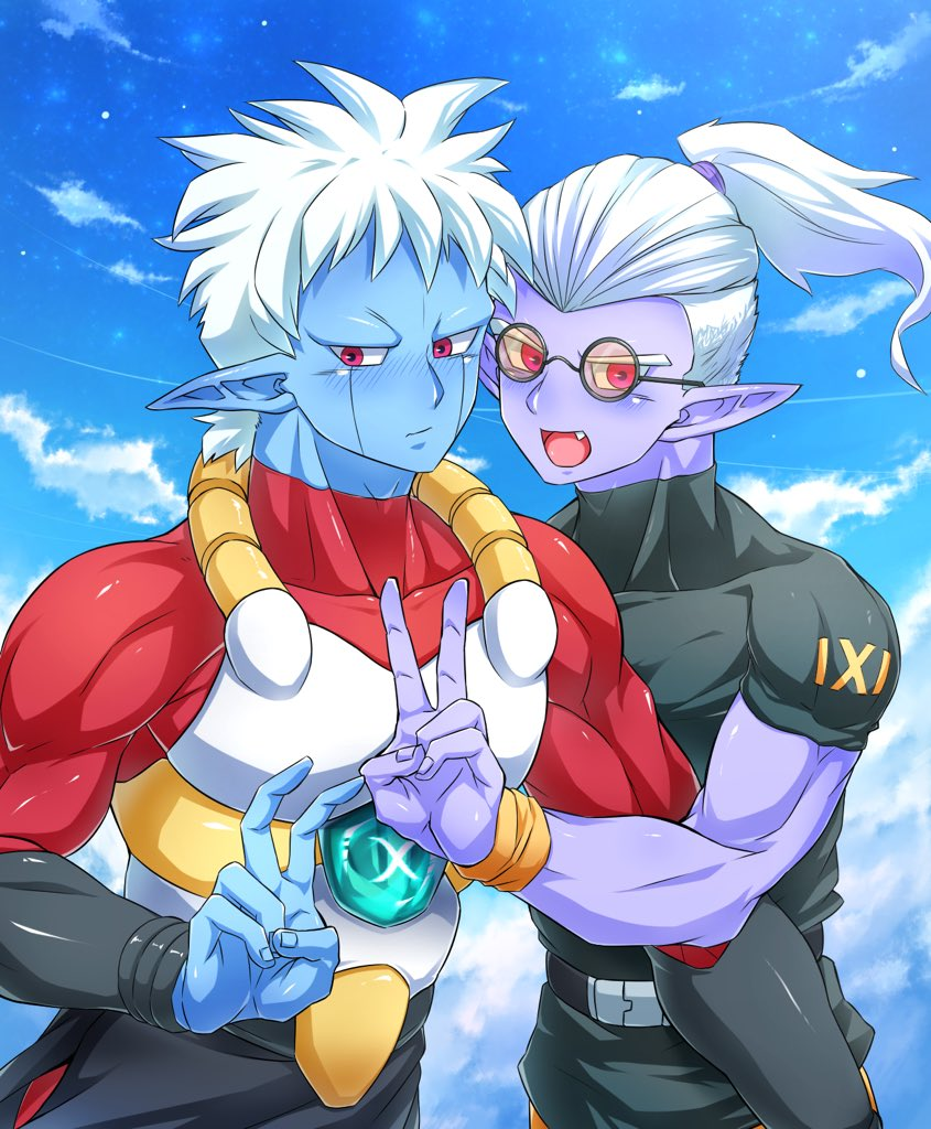 2boys blue_skin blue_sky blush cloud colored_skin commentary_request demon double_v dragon_ball dragon_ball_heroes dragon_ball_xenoverse embarrassed facing_viewer fang father_and_son floating_hair fu_(dragon_ball) glasses happy holding_another&#039;s_arm looking_at_viewer male_focus mira_(dragon_ball) moguro_(qianchul) multiple_boys muscular muscular_male open_mouth pointy_ears ponytail protected_link purple_skin red_eyes round_eyewear shiny_clothes short_hair sky tinted_eyewear undercut v white_hair yellow-tinted_eyewear