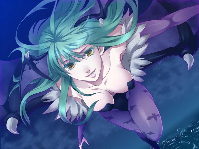 1girl animal_print aqua_hair bad_id bad_pixiv_id bare_shoulders bat_print bat_wings boots breasts capcom cleavage darkstalkers demon_girl elbow_gloves eyelashes female_focus fingerless_gloves gloves head_wings killingrock large_breasts leotard morrigan_aensland pantyhose print_pantyhose solo wings yellow_eyes