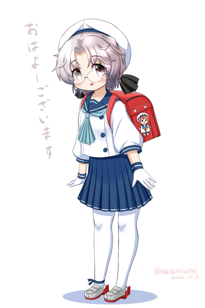 1girl backpack bag blue_neckerchief blue_sailor_collar blue_skirt brown_eyes character_doll commentary_request full_body glasses gloves grey_hair hat hirato_(kancolle) kaiboukan_no._4_(kancolle) kantai_collection leaning_forward long_sleeves masara_(chuujou) neckerchief one-hour_drawing_challenge pantyhose pleated_skirt randoseru sailor_collar sailor_hat school_uniform serafuku short_hair simple_background skirt solo toy wavy_hair white_background white_gloves white_pantyhose