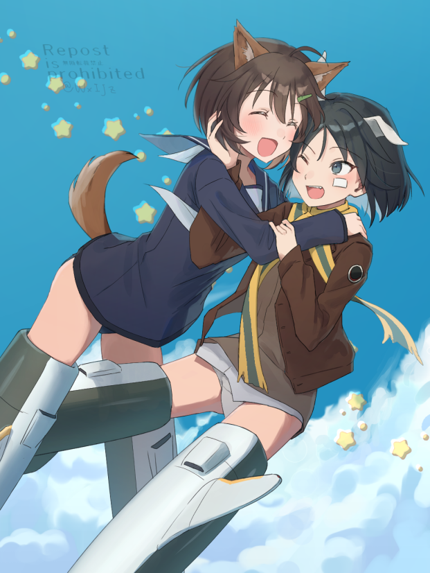 2girls animal_ears bandaid bandaid_on_face black_hair blue_one-piece_swimsuit blush brave_witches brown_hair brown_jacket closed_eyes cloud flying happy hato_ni_olive_teppou hug jacket kanno_naoe karibuchi_hikari leather leather_jacket military military_uniform multiple_girls no_pants one-piece_swimsuit one_eye_closed scarf school_swimsuit short_hair striker_unit swimsuit swimsuit_under_clothes tail two-tone_scarf world_witches_series