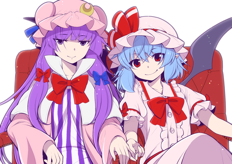 2girls bat_wings blue_hair blunt_bangs bob_cut bow buttons chair crescent eichi_yuu embodiment_of_scarlet_devil frilled_skirt frills hair_between_eyes hair_bow hat interlocked_fingers long_hair long_sleeves mob_cap multiple_girls nightgown patchouli_knowledge pointy_ears puffy_sleeves purple_eyes purple_hair red_eyes remilia_scarlet short_hair short_sleeves sitting skirt smile striped touhou vampire vertical_stripes white_background wings