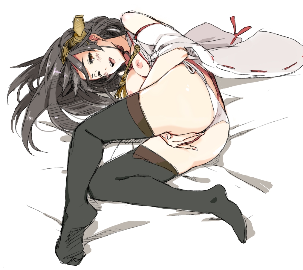 10s 1girl ass bad_id bad_pixiv_id bed black_hair black_thighhighs breasts brown_eyes covering_crotch covering_privates female_focus hair_ornament haruna_(kancolle) kantai_collection lying nipples no_shoes one_eye_closed open_mouth panties ribbon-trimmed_sleeves ribbon_trim shizumi_satou solo thighhighs thighs underwear wink