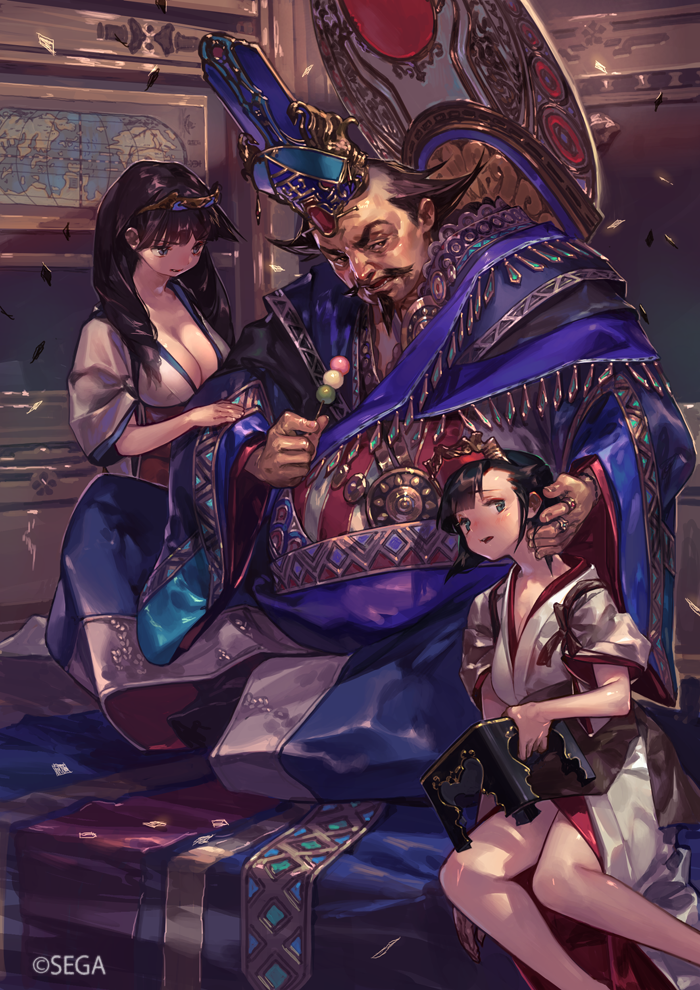 1boy 2girls balding beard breasts brown_hair character_request cleavage copyright_notice dango facial_hair food grimace harem holding japanese_clothes kimono large_breasts multiple_girls mustache official_art sanshoku_dango sengoku_taisen so-taro stool ugly_man wagashi white_kimono wide_sleeves