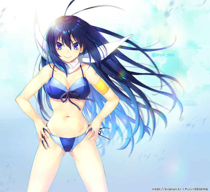 &gt;:) 10s 1girl antenna_hair armband bad_id bad_pixiv_id bikini black_hair blue_bikini blue_eyes breasts cleavage collarbone cowboy_shot female_focus front-tie_bikini_top front-tie_top gluteal_fold groin hands_on_own_hips kaminashi_nozomi keijo!!!!!!!! lens_flare long_hair navel pixiv_id scarf side-tie_bikini_bottom solo sunlight swimsuit trianon twitter_username v-shaped_eyebrows very_long_hair watermark web_address