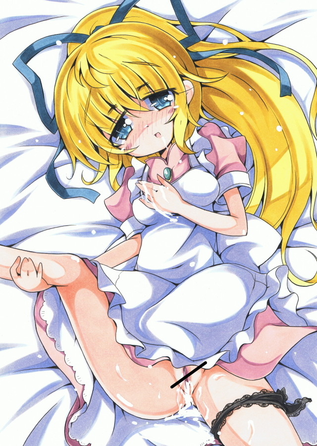 1girl aftersex apron blonde_hair blue_eyes breasts censored cum dress lilith_aileron long_hair milkpanda tales_of_(series) tales_of_destiny