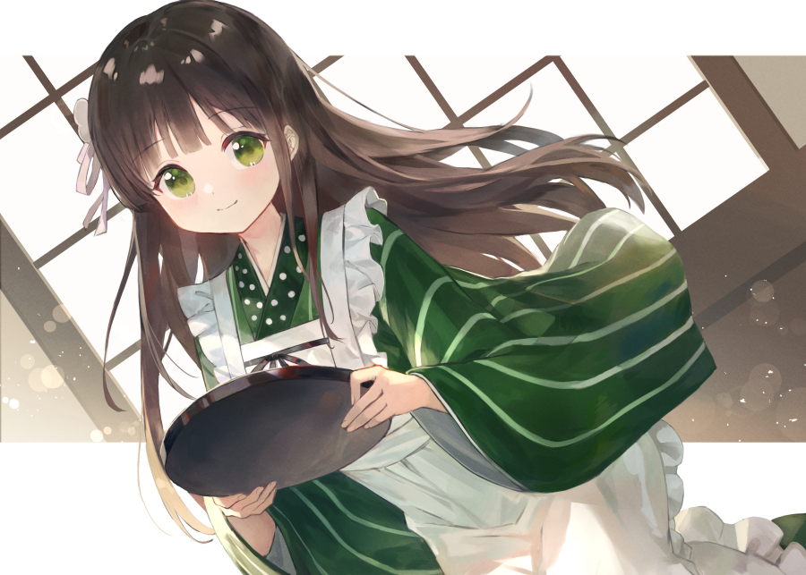 1girl ama_usa_an_uniform apron backlighting blunt_bangs blurry bokeh border brown_hair closed_mouth commentary_request depth_of_field dot_nose dutch_angle floating_hair frilled_apron frills from_side gochuumon_wa_usagi_desu_ka? green_eyes green_kimono hair_ornament hair_ribbon hands_up holding holding_tray indoors japanese_clothes kimono kobuta light light_particles light_smile long_hair long_sleeves looking_at_viewer maid outside_border polka_dot polka_dot_trim ribbon shouji sliding_doors solo striped_clothes striped_kimono tareme tray ujimatsu_chiya vertical-striped_clothes vertical-striped_kimono very_long_hair wa_maid walking white_apron white_border white_ribbon wide_sleeves