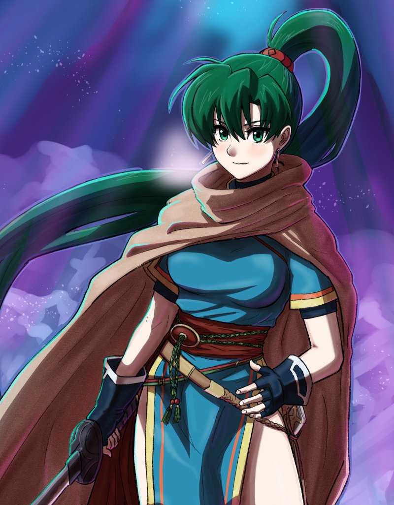 1girl blue_dress breasts dress earrings fingerless_gloves fire_emblem fire_emblem:_the_blazing_blade gloves green_eyes green_hair high_ponytail holding holding_sword holding_weapon jewelry large_breasts long_hair looking_at_viewer lyn_(fire_emblem) nintendo pelvic_curtain ponytail rooru_kyaabetsu rope_belt side_slit smile solo sword very_long_hair weapon