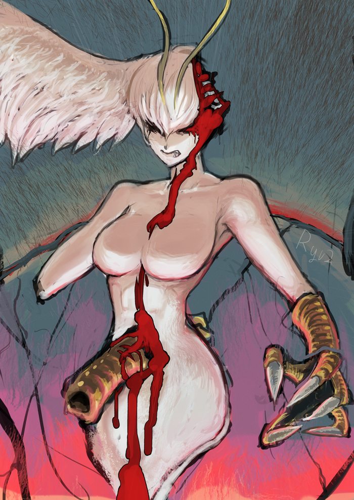 1girl amputee antennae blood breasts claws colored_skin devilman ero_guro female_focus guro head_wings injury large_breasts monster_girl no_nipples nude ryuji_(red-truth) siren_(devilman) solo talons white_hair white_skin wings