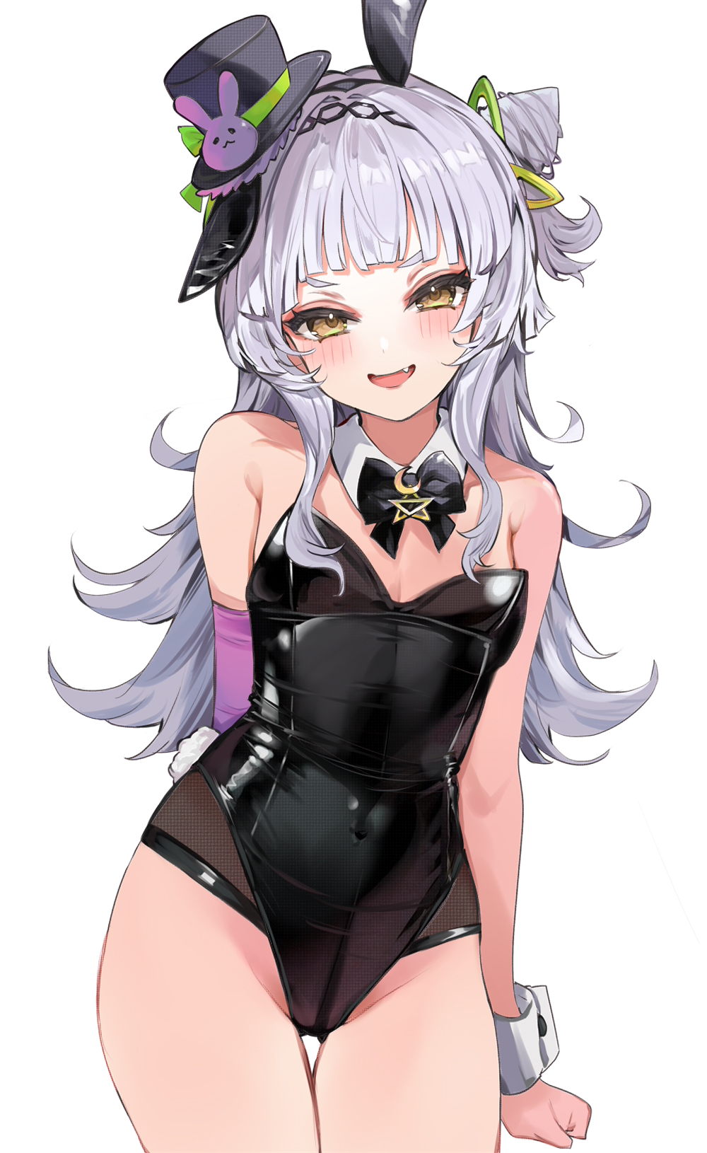 1girl :d animal_ear_hairband animal_ears appleseed_(appleseed_art) arm_behind_back black_bow black_bowtie black_leotard blunt_bangs bow bowtie breasts commentary_request cone_hair_bun covered_navel cowboy_shot detached_collar fake_animal_ears fake_tail fang grey_hair hair_bun hairband hat hexagram_hair_ornament highres hololive leotard long_hair looking_at_viewer mini_hat mini_top_hat murasaki_shion open_mouth playboy_bunny rabbit_ear_hairband rabbit_ears rabbit_tail short_eyebrows side_up_bun sidelocks simple_background single_side_bun small_breasts smile solo strapless strapless_leotard tail tilted_headwear top_hat virtual_youtuber white_background wrist_cuffs yellow_eyes