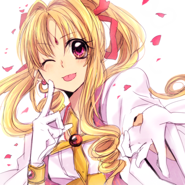 1990s_(style) 1girl :p blonde_hair blush cross earrings female_focus gloves jewelry kaitou_jeanne kamikaze_kaitou_jeanne kusakabe_maron long_hair one_eye_closed outstretched_hand petals pink_eyes pocky1202 ponytail retro_artstyle solo tongue tongue_out white_gloves wink