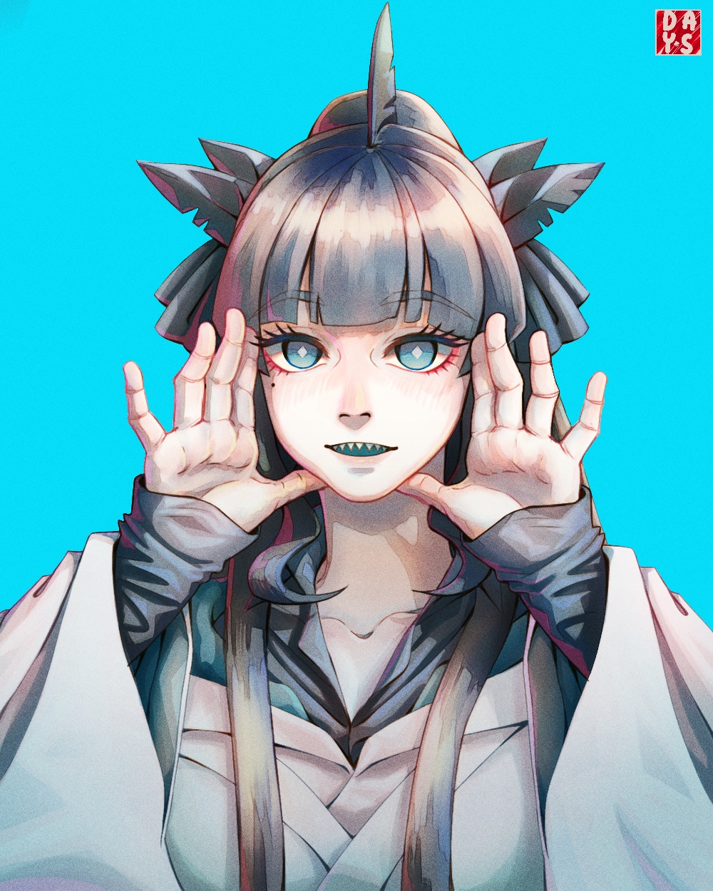 1girl arms_up artemis_of_the_blue artist_logo atelier_live blue_background blue_eyes blue_tongue blunt_bangs colored_tongue commentary dayung_sunggi english_commentary hair_ribbon highres hood hood_down mole mole_under_eye open_mouth ponytail ribbon shark_girl sharp_teeth soda solo teeth virtual_youtuber