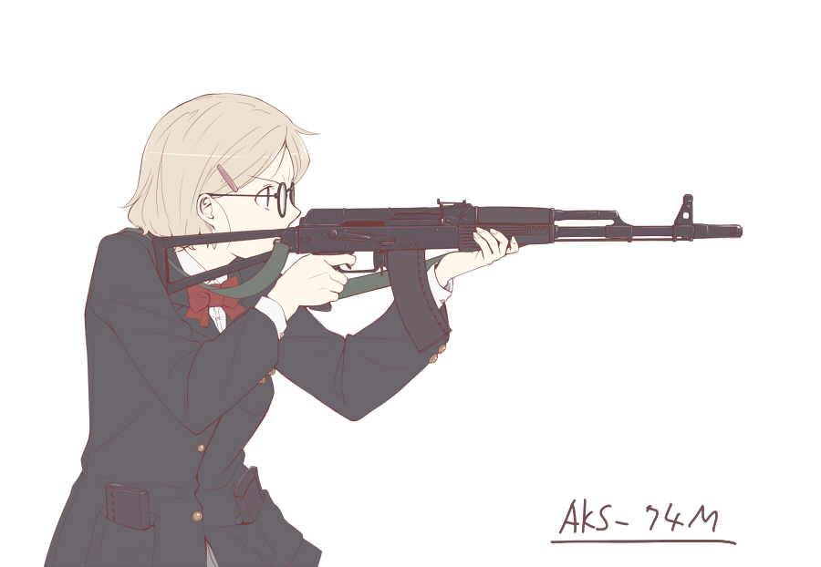 1girl aiming ak-74 aks-74 assault_rifle bad_id bad_pixiv_id blonde_hair blue_eyes female_focus glasses gun hair_ornament hairclip kalashnikov_rifle long_sleeves oda_masaki_(b-minor) odamki original rifle round_eyewear school_uniform short_hair solo weapon