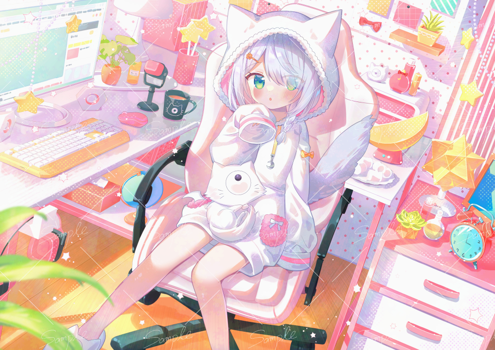 1girl :o alarm_clock animal_ears animal_hood braid chair clock commentary_request computer_keyboard computer_mouse copyright_request cup desk fake_animal_ears green_eyes hair_over_one_eye hand_up hood hood_up hoodie ikari_(aor3507) long_hair long_sleeves looking_at_viewer microphone monitor mug office_chair official_art on_chair parted_lips puffy_long_sleeves puffy_sleeves single_braid sleeves_past_fingers sleeves_past_wrists slippers solo swivel_chair tail tissue tissue_box virtual_youtuber white_footwear white_hoodie