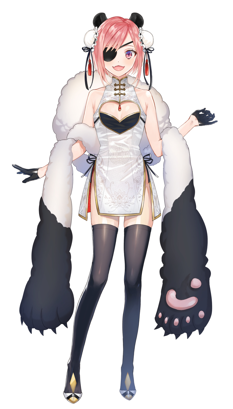 1girl :d ameno_(ameno_f) animal_ears animal_hands bear_ears black_gloves black_ribbon black_thighhighs bun_cover character_request china_dress chinese_clothes cleavage_cutout clothing_cutout commentary_request double_bun dress eyepatch fang frills full_body gem gloves hair_bun heart_cutout highres indie_virtual_youtuber looking_at_viewer one_eye_covered open_mouth original outstretched_hand pelvic_curtain pink_eyes pink_hair ribbon shawl short_dress short_hair simple_background skin_fang skindentation sleeveless sleeveless_dress smile solo standing swept_bangs tassel thighhighs toggles virtual_youtuber white_background white_dress white_footwear