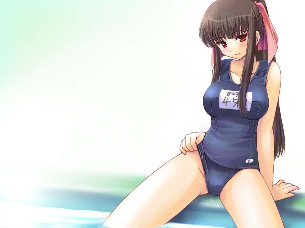 1girl artist_request bare_legs black_hair blush breasts double_teacher_life hanimi_shiina large_breasts lifting_own_clothes long_hair looking_at_viewer name_tag open_mouth ponytail red_eyes school_swimsuit sitting smile solo swimsuit thighs water